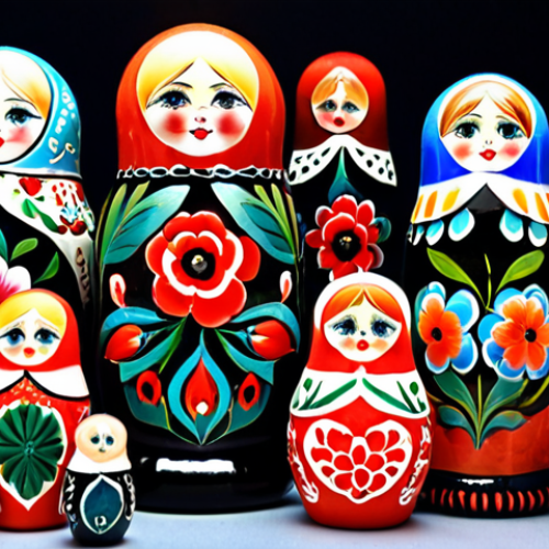 Home 18 **A collection of Russian Matryoshka dolls**: Display a range of Matryoshka dolls, also known as Russian nesting dolls, showcasing their intricate designs and cultural symbolism. The dolls are painted with bright colors and patterns, reflecting traditional Russian art and craftsmanship.