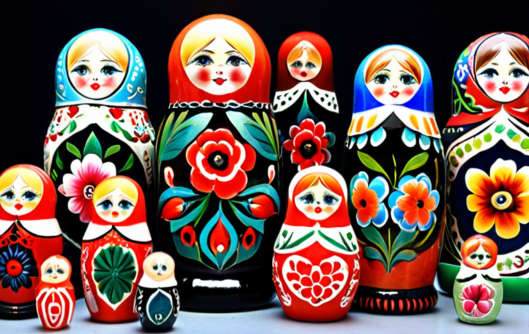 **A collection of Russian Matryoshka dolls**: Display a range of Matryoshka dolls, also known as Russian nesting dolls, showcasing their intricate designs and cultural symbolism. The dolls are painted with bright colors and patterns, reflecting traditional Russian art and craftsmanship.