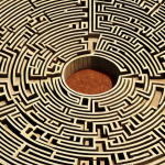 A complex maze representing Russian case endings (мужской род, женский род, средний род), with pathways labeled Nominative, Genitive, Dative, Accusative, Instrumental, Prepositional. In the center, a person looking confused and overwhelmed.