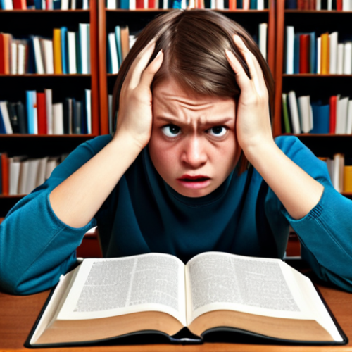 Home 8 **A student struggling with the Cyrillic alphabet, surrounded by textbooks, looking frustrated but determined.**