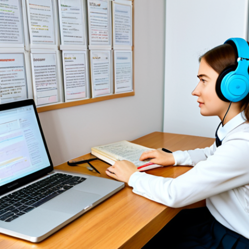 Home 24 A young professional woman, dressed in modest professional attire, is focused on learning Russian in a modern, well-lit study room. She is seated at a clean wooden desk with a laptop displaying an AI language tutor interface, a Russian textbook open beside it, and headphones on for a podcast. A subtle map of Russia hangs on the wall in the background, along with a shelf of books. The overall atmosphere is one of diligent study and technological integration for language acquisition. fully clothed, appropriate attire, safe for work, perfect anatomy, correct proportions, natural pose, well-formed hands, proper finger count, natural body proportions, professional photography, high quality, modest, family-friendly.