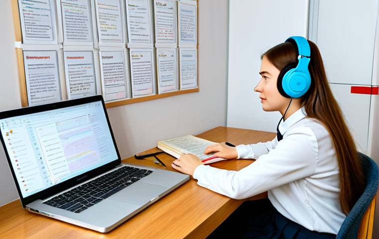 A young professional woman, dressed in modest professional attire, is focused on learning Russian in a modern, well-lit study room. She is seated at a clean wooden desk with a laptop displaying an AI language tutor interface, a Russian textbook open beside it, and headphones on for a podcast. A subtle map of Russia hangs on the wall in the background, along with a shelf of books. The overall atmosphere is one of diligent study and technological integration for language acquisition. fully clothed, appropriate attire, safe for work, perfect anatomy, correct proportions, natural pose, well-formed hands, proper finger count, natural body proportions, professional photography, high quality, modest, family-friendly.