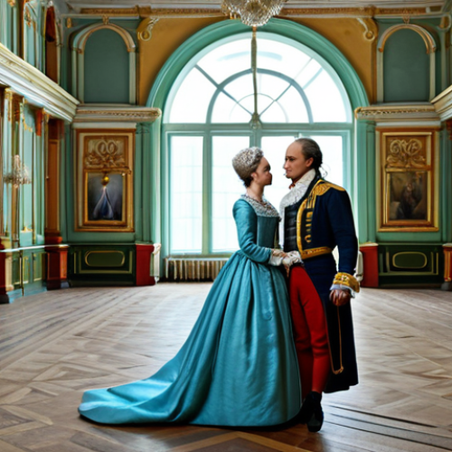 Home 22 **
"A scene from a historical Russian drama, set in the Catherine the Great era. A lavish ballroom with characters in ornate, modest 18th-century attire, safe for work, appropriate content, fully clothed, professional, perfect anatomy, natural proportions, high quality."
**