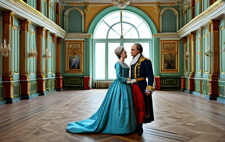 **
"A scene from a historical Russian drama, set in the Catherine the Great era. A lavish ballroom with characters in ornate, modest 18th-century attire, safe for work, appropriate content, fully clothed, professional, perfect anatomy, natural proportions, high quality."
**