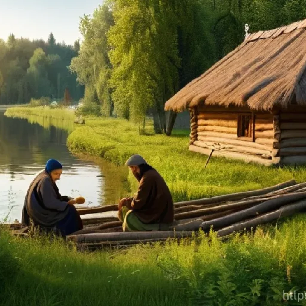 러시아어와 러시아 역사 - **Prompt 1: Early Slavic Village Life**
An idyllic and serene scene of an early Slavic village i...