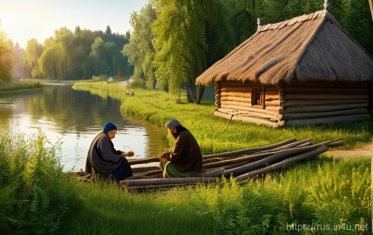 러시아어와 러시아 역사 - **Prompt 1: Early Slavic Village Life**
An idyllic and serene scene of an early Slavic village i...